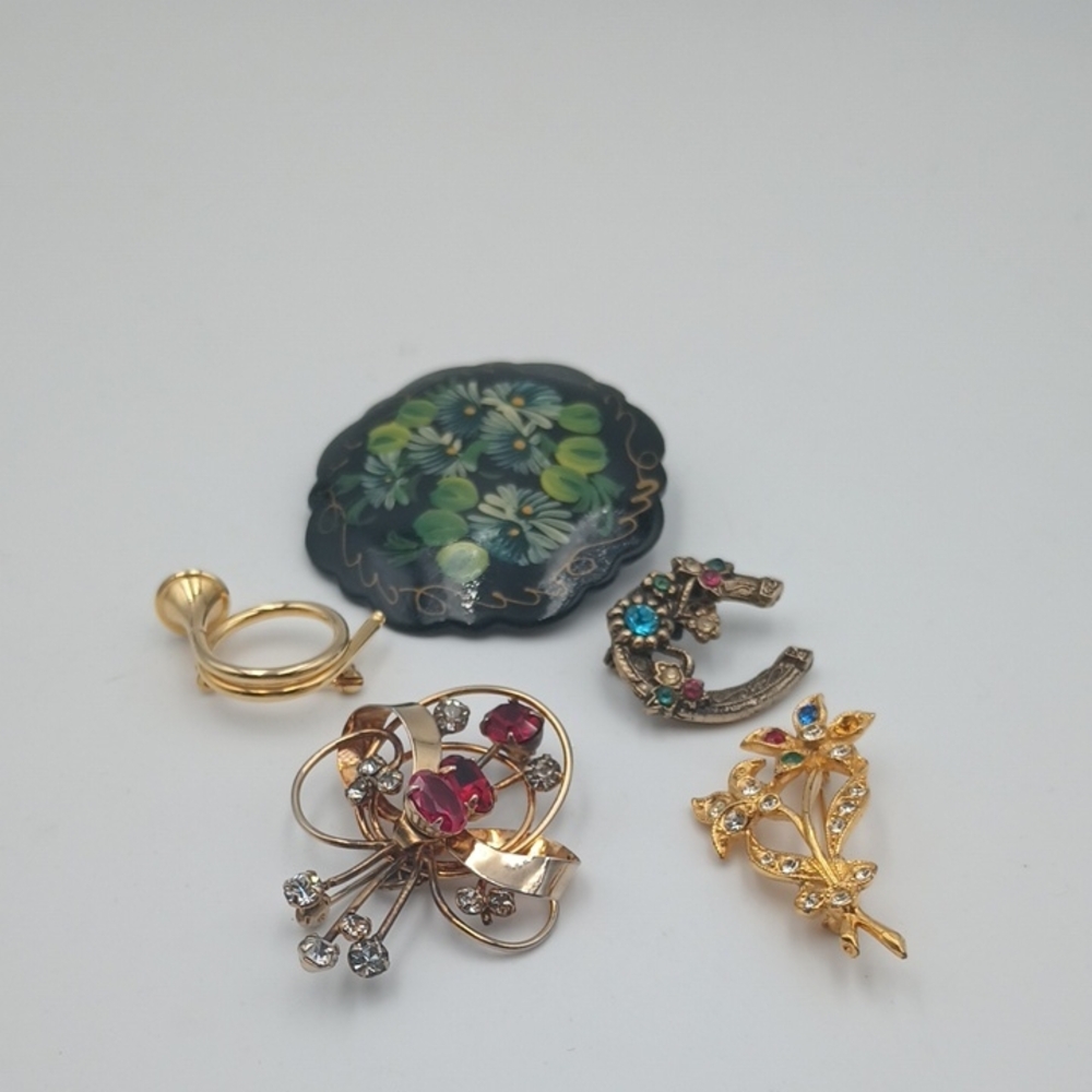 Vintage Brooches Elegant 5 Gold, Silver Tone, & Hand Painted